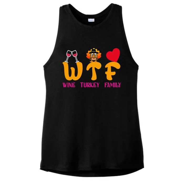 WTF Wine Turkey Family Funny Thanksgiving Ladies Tri-Blend Wicking Tank