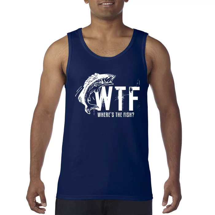WTF Where's The Fish Men's Funny Fishing Tank Top