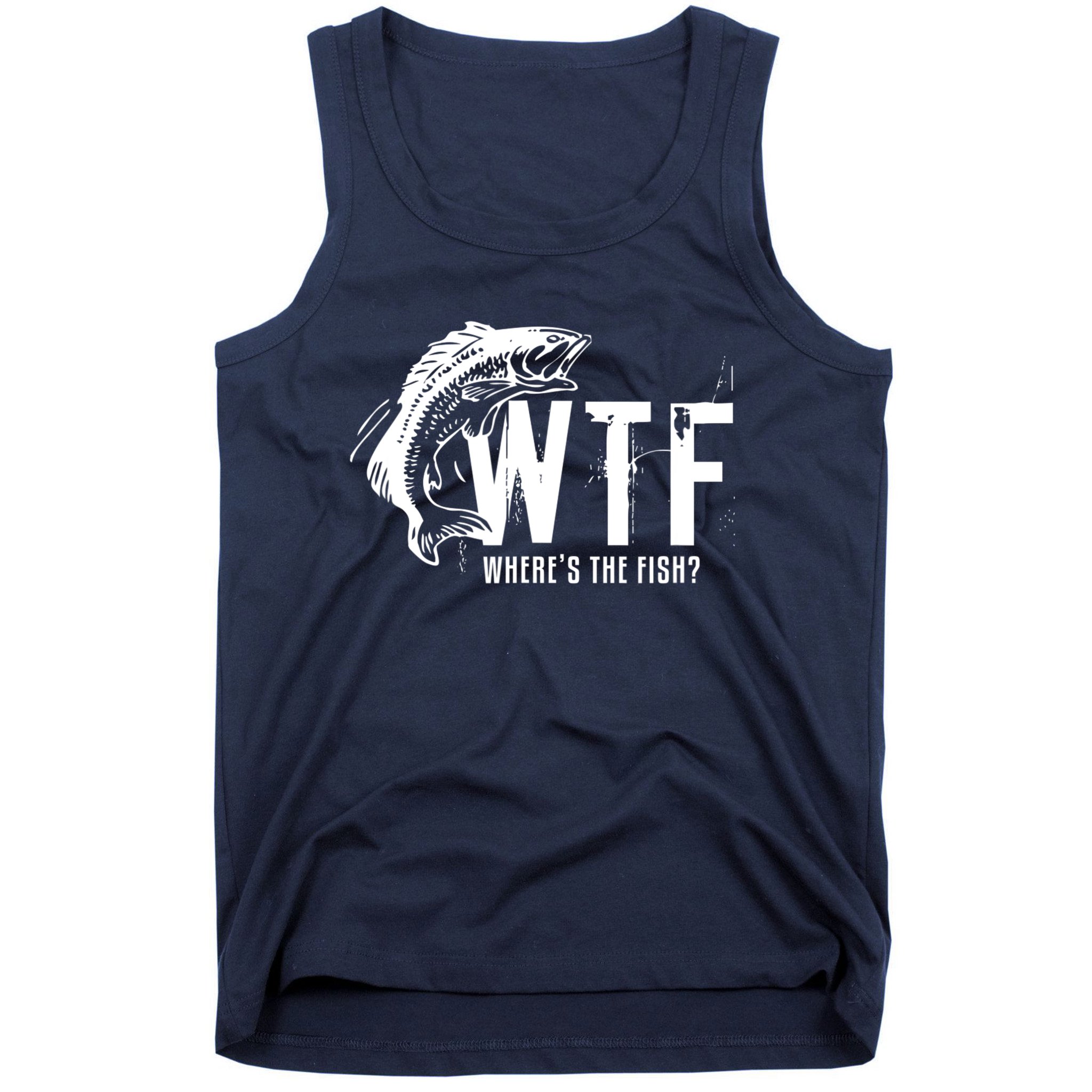 WTF Where's The Fish Men's Funny Fishing Tank Top