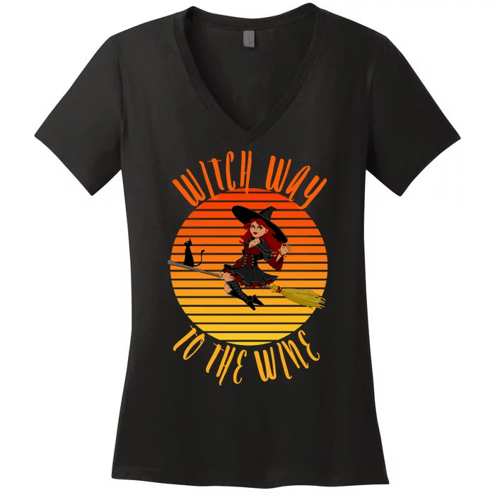 Witch Way To The Wine, Funny Wine Halloween Witch Wine Women's V-Neck T-Shirt