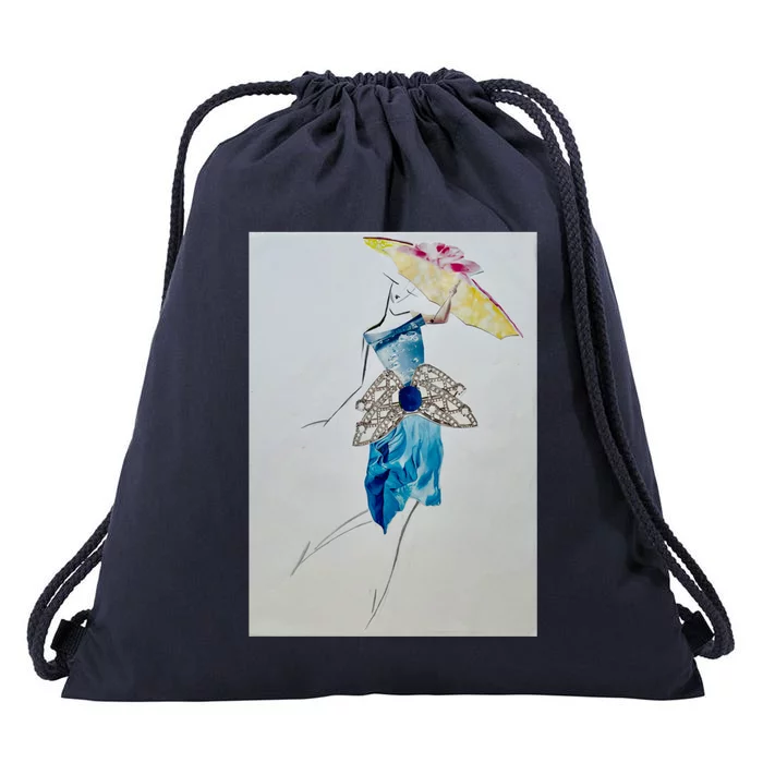 Walking With Umbrella Long Drawstring Bag