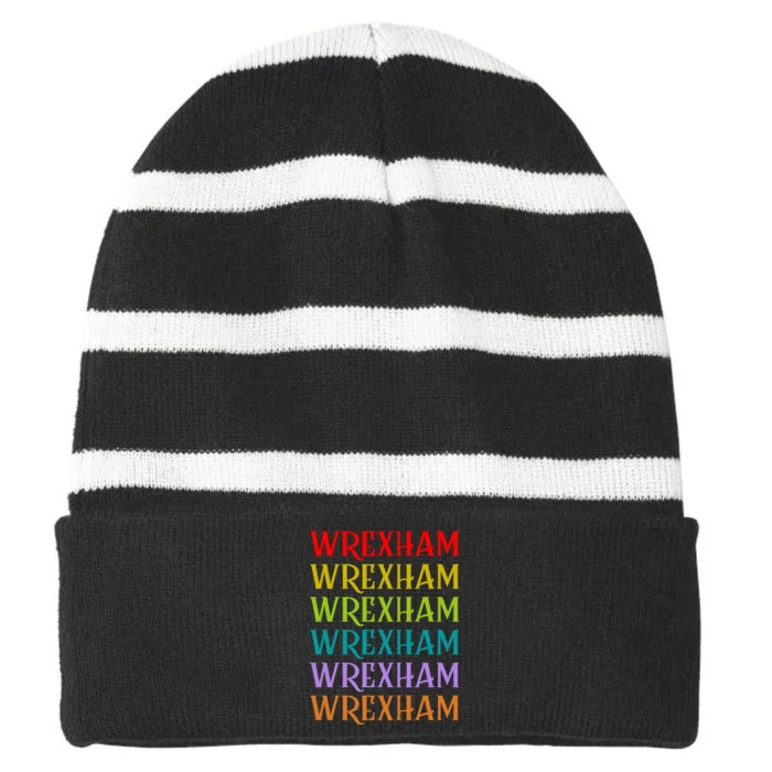 Wrexham Wales Vintage 80s Retro Striped Beanie with Solid Band