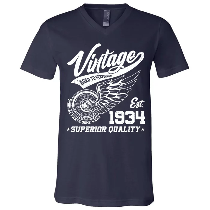 Winged Wheel Vintage 1934 Aged To Perfection Superior Quality 90th Birthday V-Neck T-Shirt