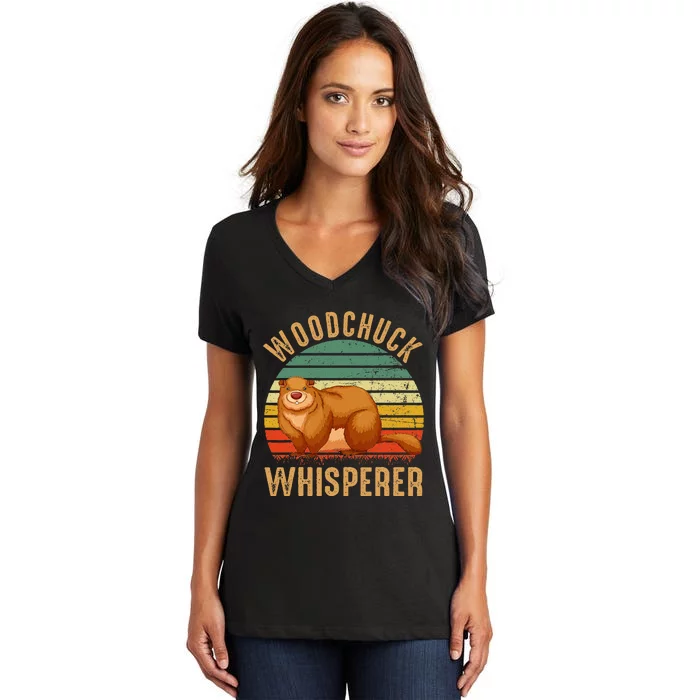 Woodchuck Whisperer Vintage Graphic Women's V-Neck T-Shirt