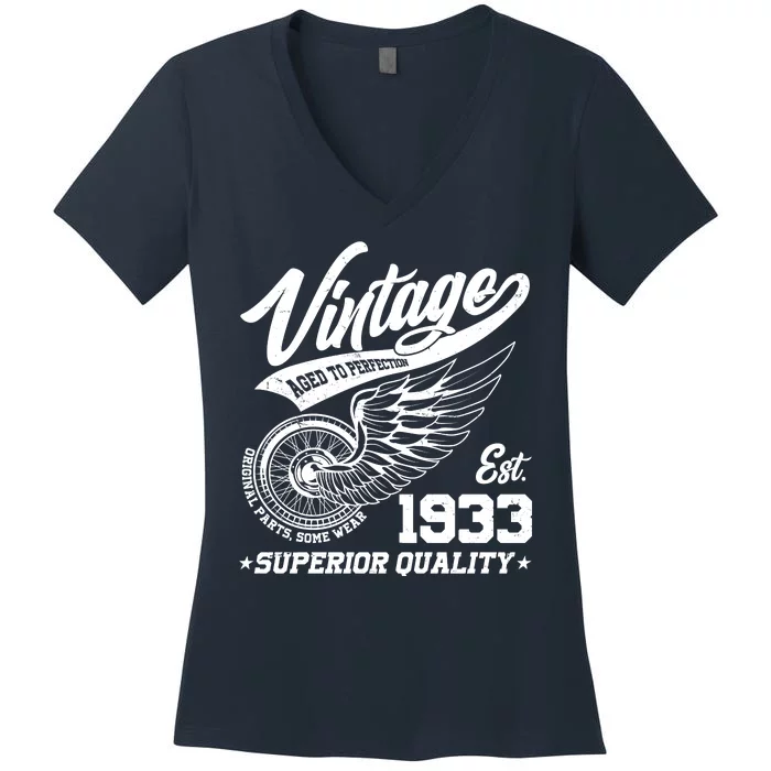 Winged Wheel Vintage 1933 Aged To Perfection Superior Quality 90th Birthday Women's V-Neck T-Shirt