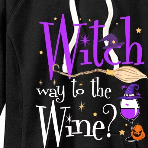 Witches Witch Way To The Wine Halloween Broom Wine Glass Funny Gift Women's Fleece Hoodie