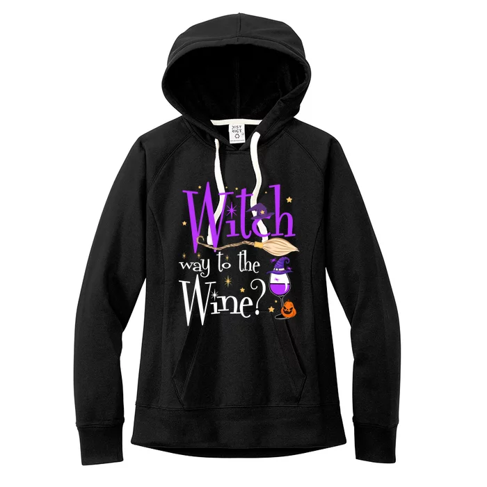 Witches Witch Way To The Wine Halloween Broom Wine Glass Funny Gift Women's Fleece Hoodie