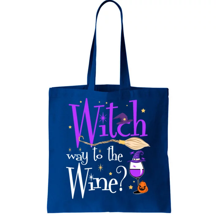 Witches Witch Way To The Wine Halloween Broom Wine Glass Funny Gift Tote Bag