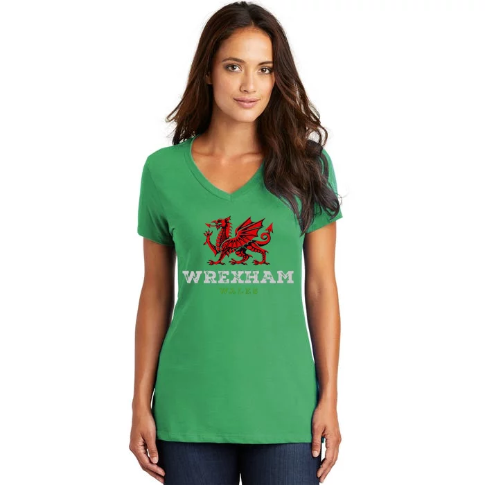 Wrexham Wales Welsh Dragon Flag Vintage Women's V-Neck T-Shirt