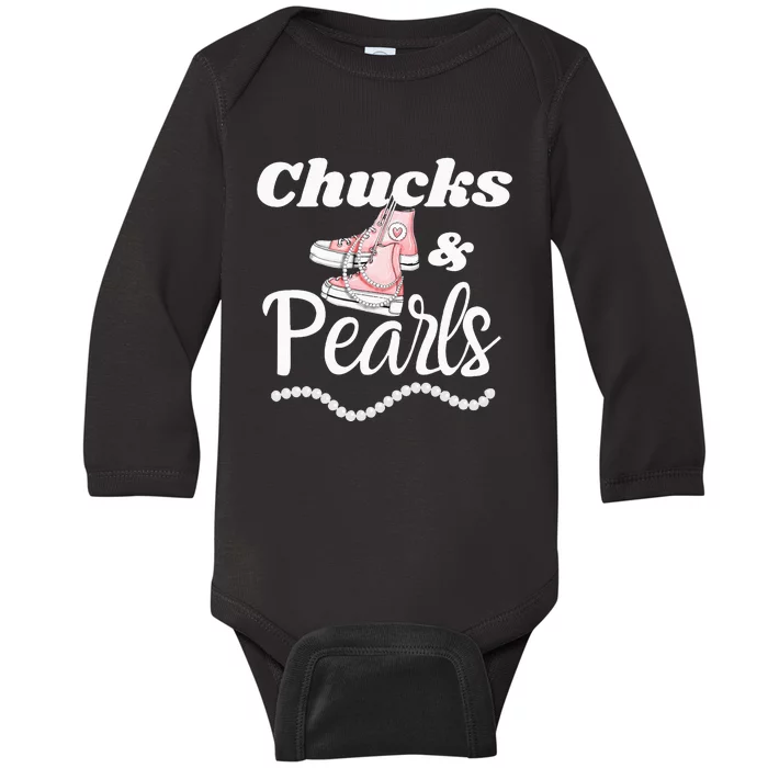 Wo Wo Wear Chucks And Pearls Kamala Harris President Baby Long Sleeve Bodysuit