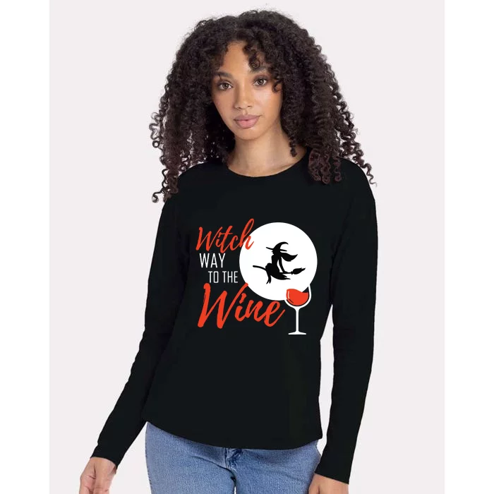 Women Witch Way To The Wine Halloween Witch Wine Vneck Womens Cotton Relaxed Long Sleeve T-Shirt