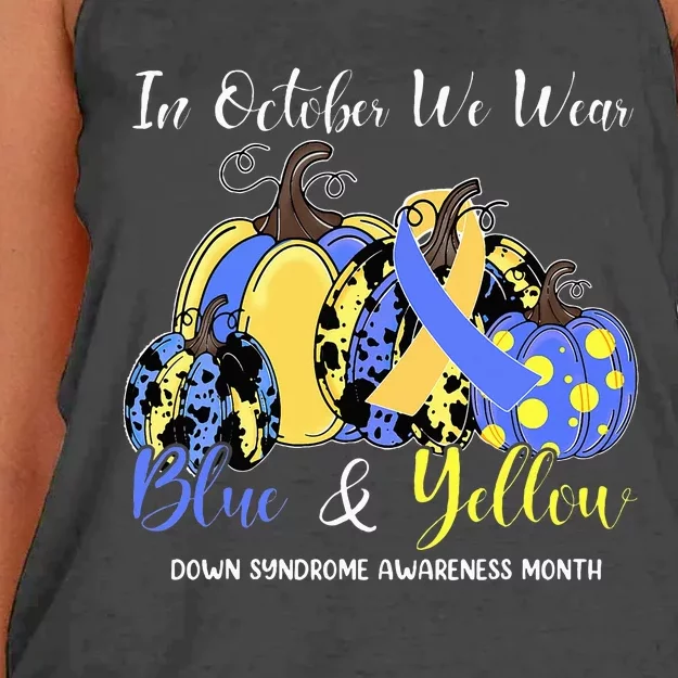 We Wear Yellow And Blue Pumpkins For Down Syndrome Awareness Women's Knotted Racerback Tank