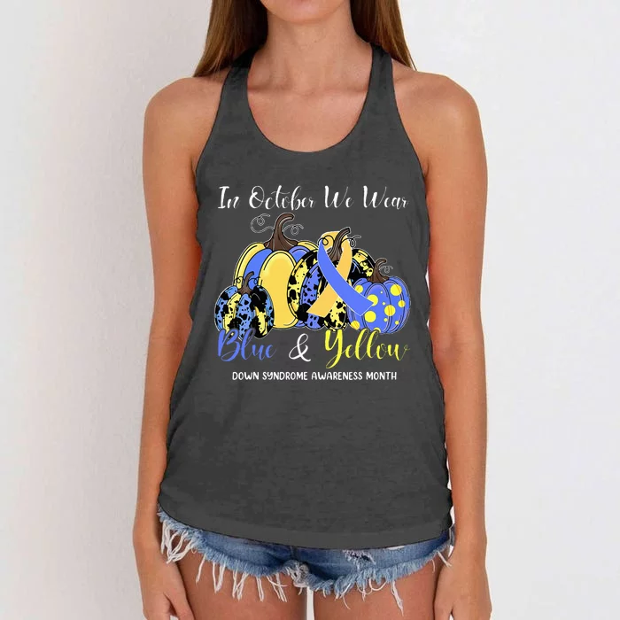 We Wear Yellow And Blue Pumpkins For Down Syndrome Awareness Women's Knotted Racerback Tank