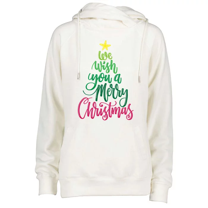 We Wish You A Merry Christmas Typography Holiday Tree Star Funny Gift Womens Funnel Neck Pullover Hood