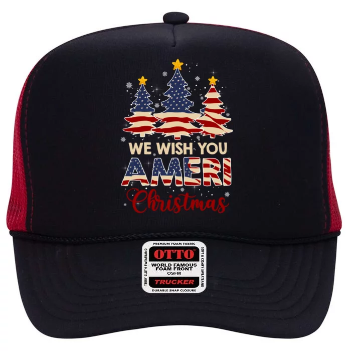 We Wish You Ameri Christmas American Flag Xmas Tree Great Gift High Crown Mesh Trucker Hat