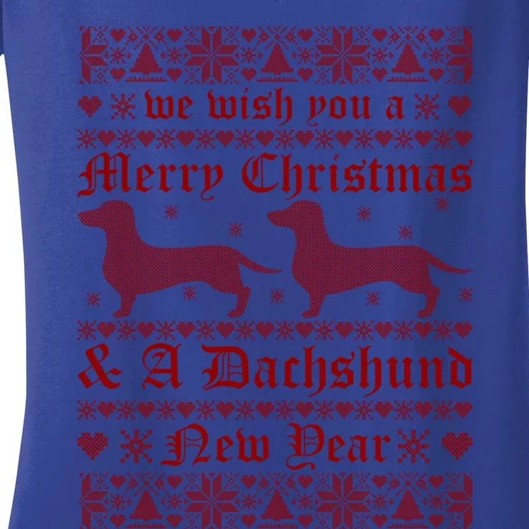 We Wish You A Merry Christmas Dachshund Ugly Sweater Pajama Gift Women's V-Neck T-Shirt