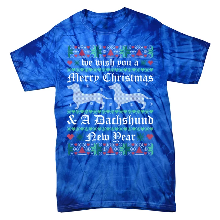 We Wish You A Merry Christmas Dachshund Ugly Sweater Pajama Funny Gift Tie-Dye T-Shirt