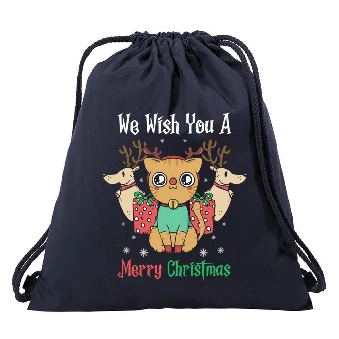 We Wish You A Merry Christmas Retro Cute Cat Lover Present Gift Drawstring Bag