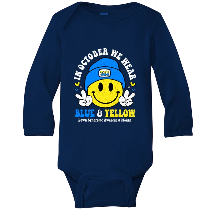 We Wear Yellow Blue Smile Face For Down Syndrome Awareness Baby Long Sleeve Bodysuit