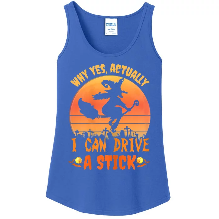 Womens Why Yes Actually I Can Drive A Stick Halloween Witch Spooky Ladies Essential Tank