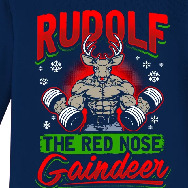 Weightlifting Xmas Gift Rudolf The Red Nose Gaindeer Baby Long Sleeve Bodysuit