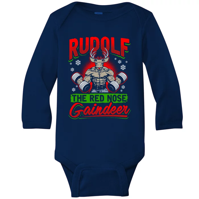 Weightlifting Xmas Gift Rudolf The Red Nose Gaindeer Baby Long Sleeve Bodysuit