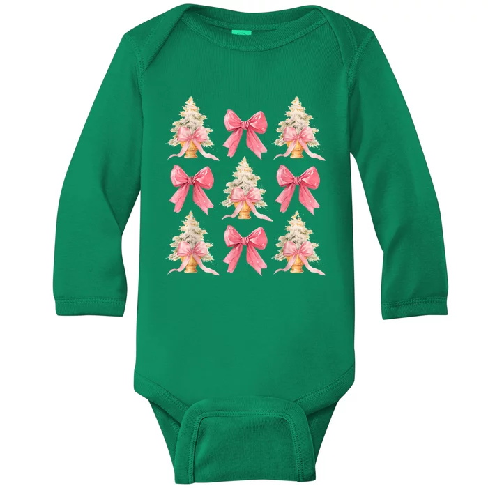 Women Xmas Vintage Coquette Pin.K Bow Christmas Tree Holiday Gift Baby Long Sleeve Bodysuit