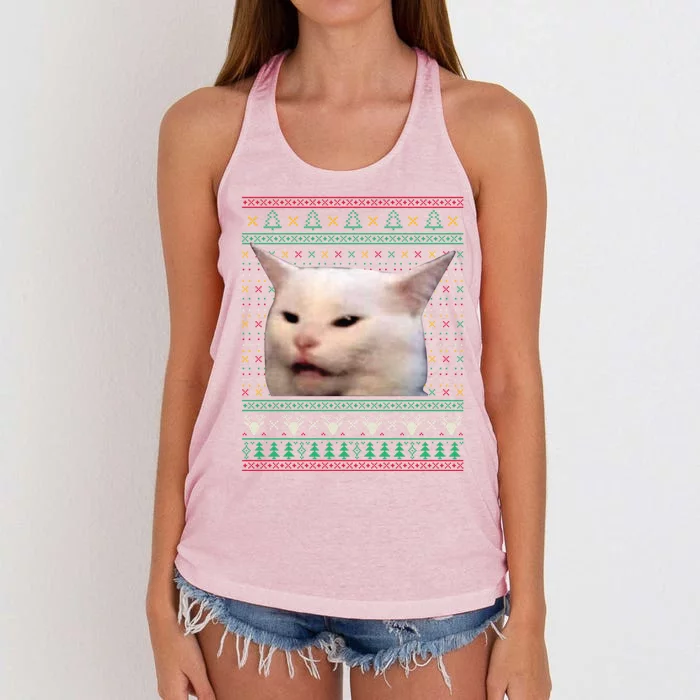 Woman Yelling At A Cat Ugly Xmas Sweaters Funny Meme Dress Women's Knotted Racerback Tank