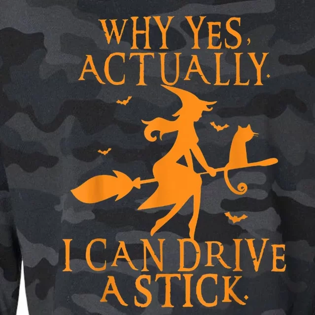 Why Yes Actually I Can Drive A Stick Halloween Witch & Cat Cropped Pullover Crew