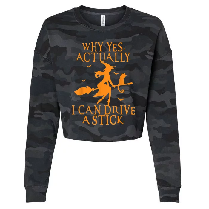 Why Yes Actually I Can Drive A Stick Halloween Witch & Cat Cropped Pullover Crew