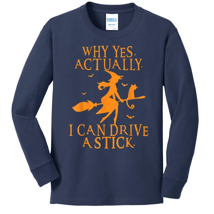 Why Yes Actually I Can Drive A Stick Halloween Witch & Cat Kids Long Sleeve Shirt