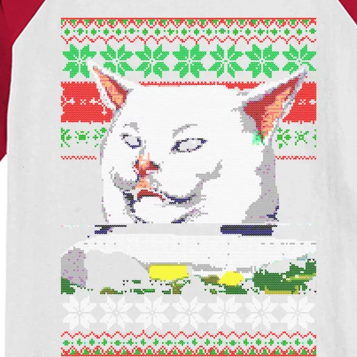 Wo Yelling At A Cat Ugly Christmas Sweater Meme Design Gift Kids Colorblock Raglan Jersey