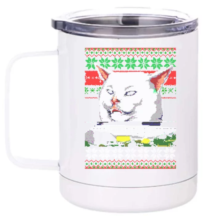 Wo Yelling At A Cat Ugly Christmas Sweater Meme Design Gift Front & Back 12oz Stainless Steel Tumbler Cup