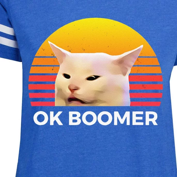 Woman Yelling At Table Dinner Funny Cat Ok Boomer Enza Ladies Jersey Football T-Shirt