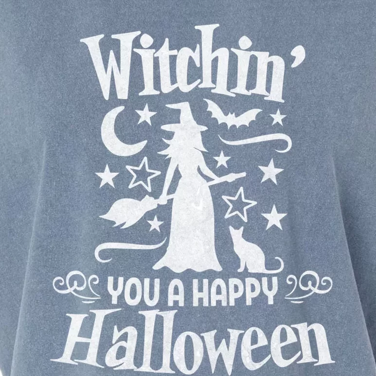 Witchin You A Happy Halloween Funny Simple Witch Costume Cool Gift Garment-Dyed Women's Muscle Tee