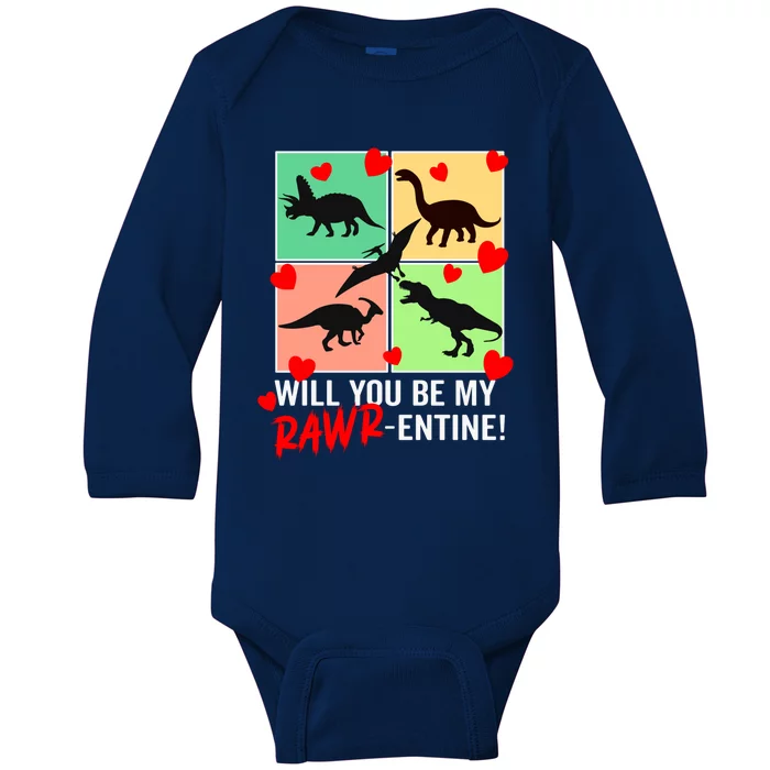 Will You Be My Rawrcute Giftentine Funny Valentines Day Dinosaur Cute Gift Baby Long Sleeve Bodysuit