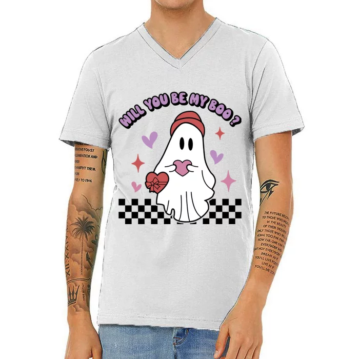 Will You Be My Boo? Ghost Holding Heart Valentine’S Day V-Neck T-Shirt