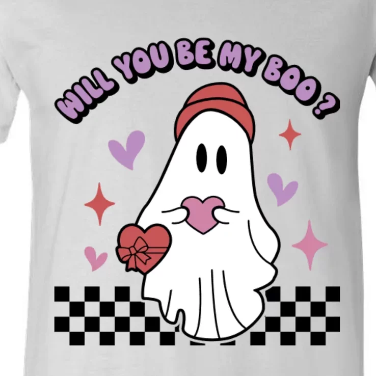 Will You Be My Boo? Ghost Holding Heart Valentine’S Day V-Neck T-Shirt