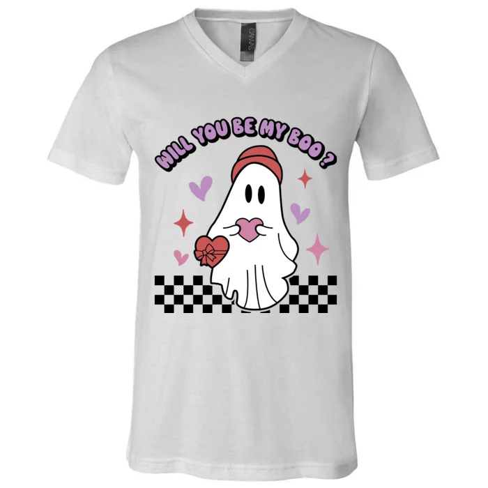 Will You Be My Boo? Ghost Holding Heart Valentine’S Day V-Neck T-Shirt