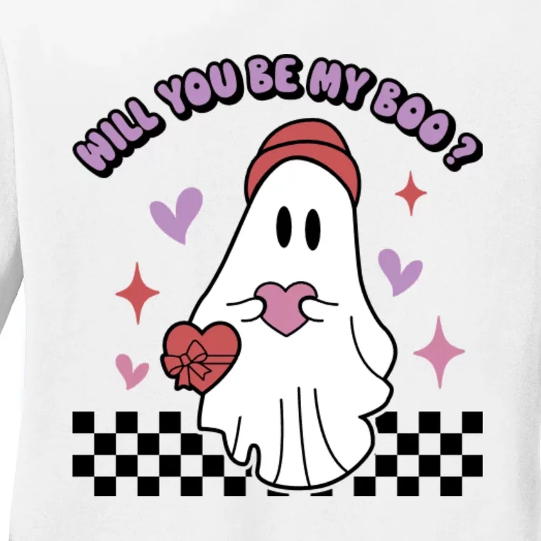 Will You Be My Boo? Ghost Holding Heart Valentine’S Day Ladies Long Sleeve Shirt