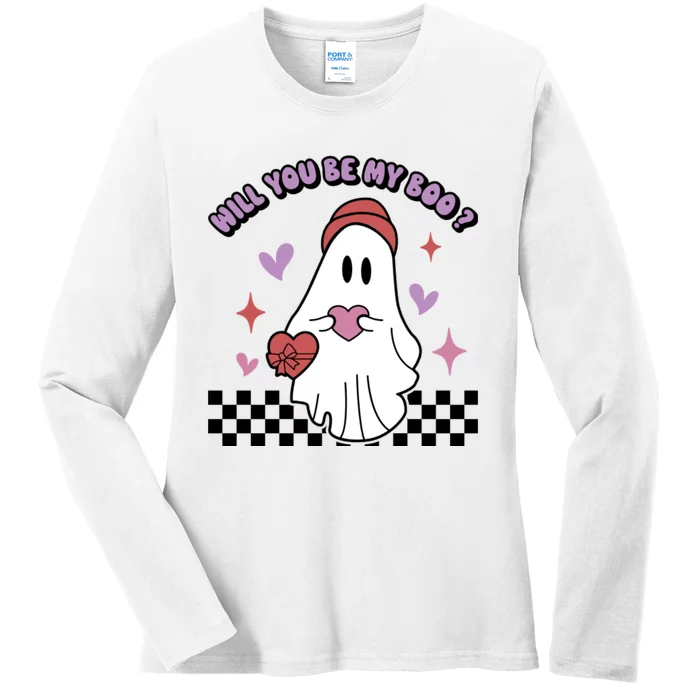 Will You Be My Boo? Ghost Holding Heart Valentine’S Day Ladies Long Sleeve Shirt