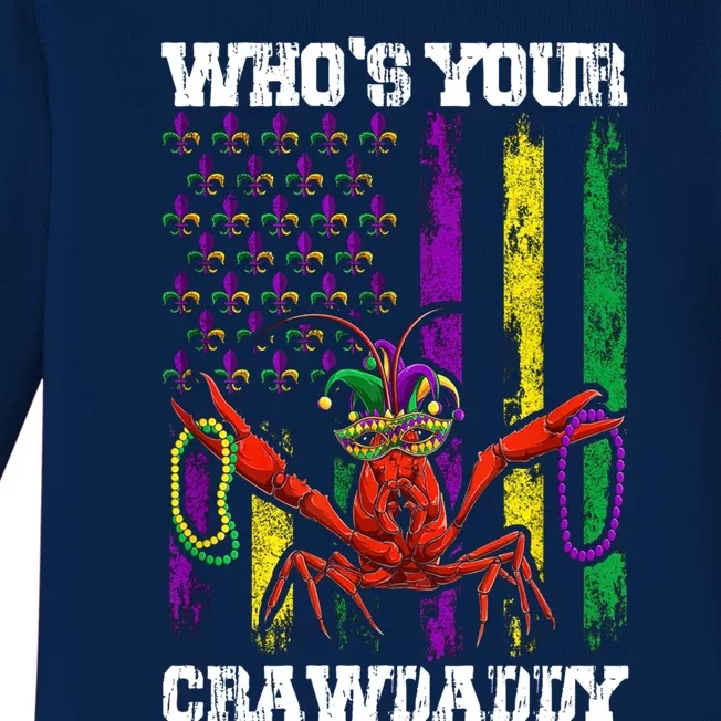 Who Your Crawdaddy Funny Crawfish Beads Mardi Gras Us Flag Gift Baby Long Sleeve Bodysuit