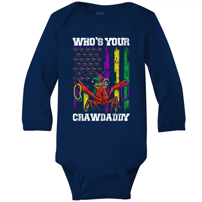 Who Your Crawdaddy Funny Crawfish Beads Mardi Gras Us Flag Gift Baby Long Sleeve Bodysuit