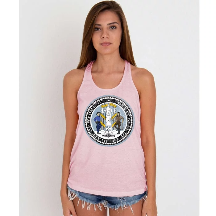 Wyoming Distressed State Seal Women's Knotted Racerback Tank