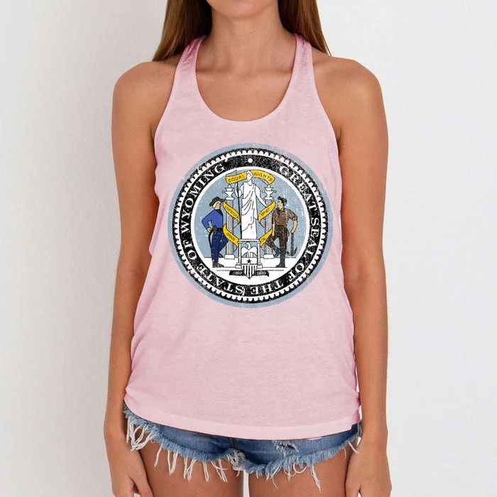 Wyoming Distressed State Seal Women's Knotted Racerback Tank