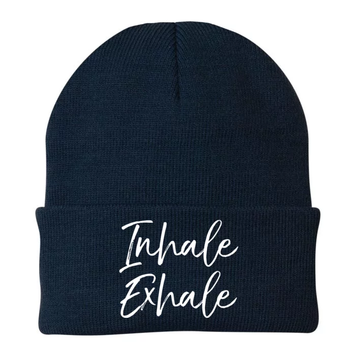 Womens Yoga Quote Gift For Women Cute Yoga Saying Inhale Exhale VNeck Knit Cap Winter Beanie