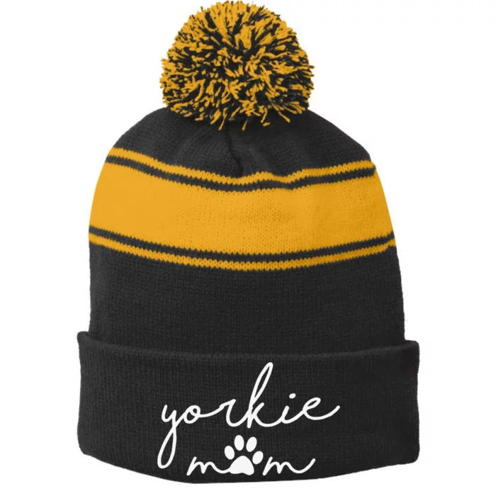 Womens Yorkshire Terrier Dog Mama Yorkie Mom For Women Stripe Pom Pom Beanie