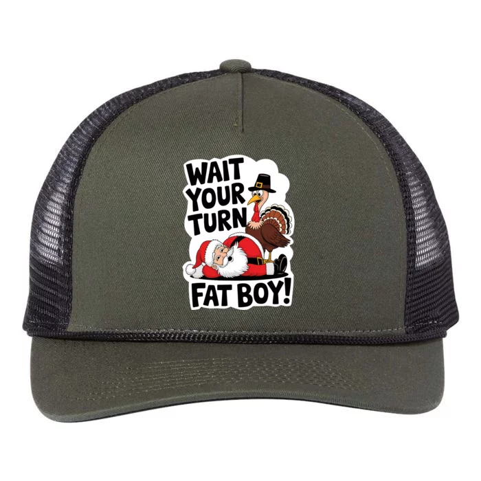 Wait Your Turn Fat Boy Funny Turkey Santa Thanksgiving Retro Rope Trucker Hat Cap