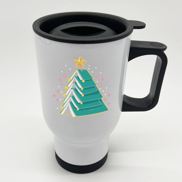 Xmas Book Nerd Library Lover Bookworm Book Christmas Tree Funny Gift Front & Back Stainless Steel Travel Mug