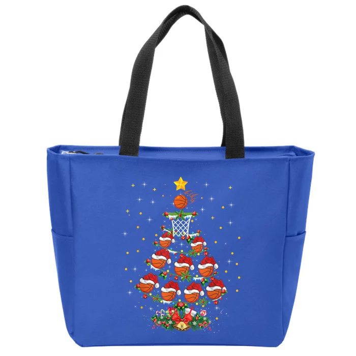 Xmas Basketball Sports Lover Basketball Christmas Tree Gift Zip Tote Bag